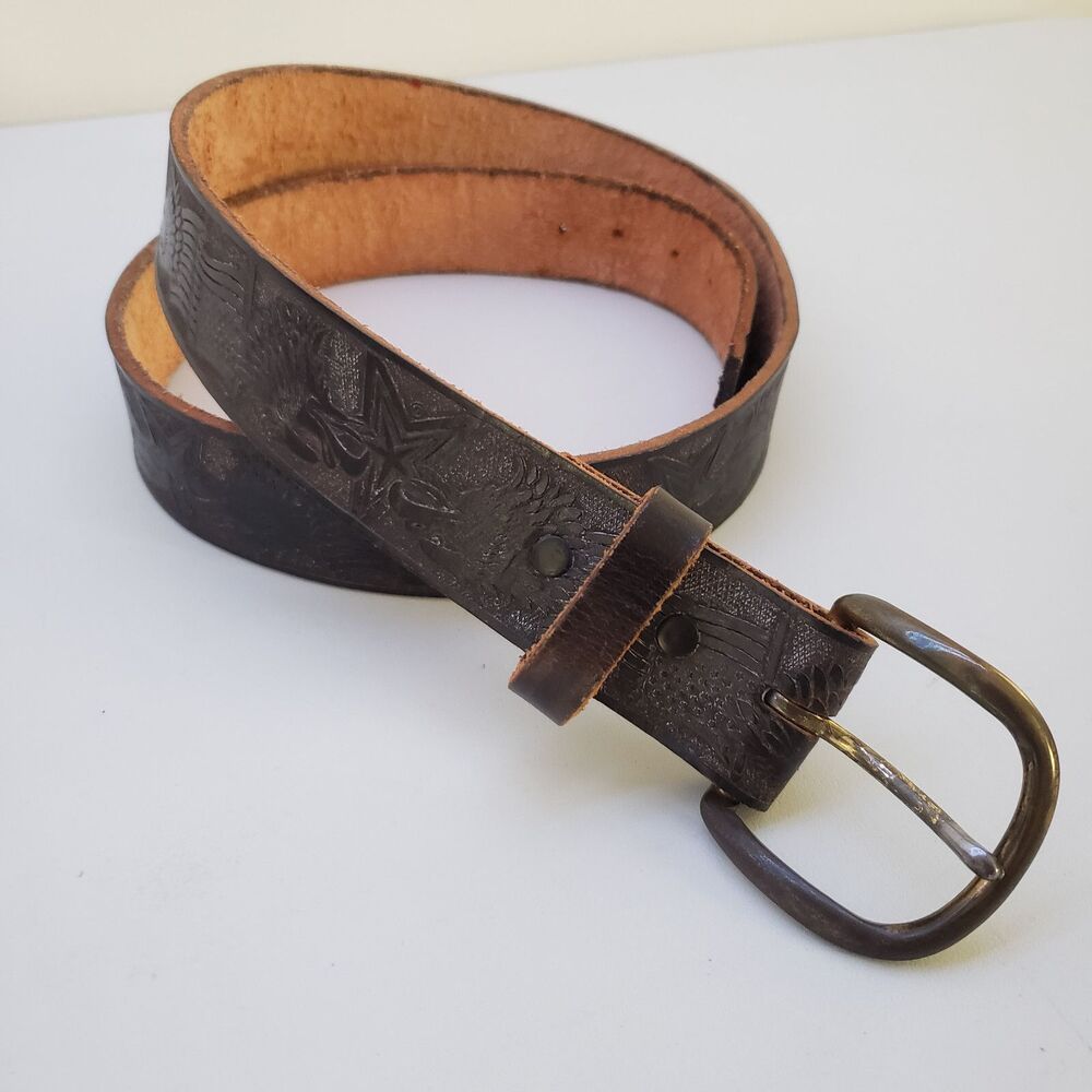 Embossed Leather Belt Brown Sz L-XL 42.25" Eagle Star Flag Removable Buckle USA